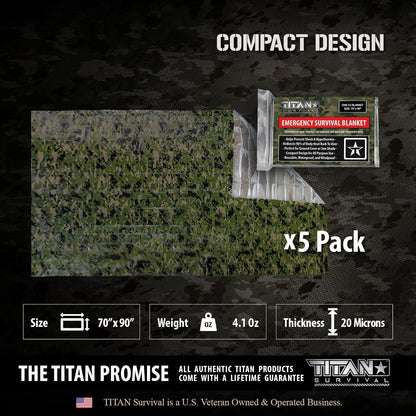 TITAN Survival XL Mylar Survival Blankets 5 Pack 70” x 90” - 90% Heat Retention & Waterproof Design - Emergency Blanket Cold Weather Protection & Survival Kits - Durable Space Blanket for Outdoor Use