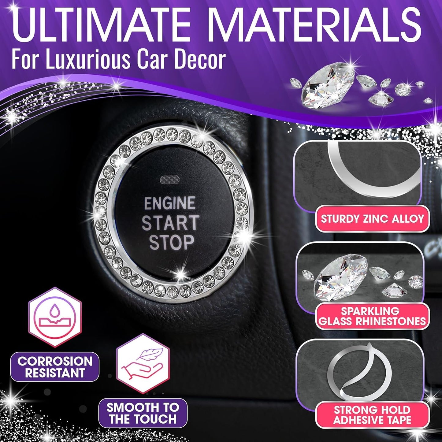 Bling Car Decor SD-1003 Crystal Rhinestone Car Bling Sticker Ring Emblem, Auto Start Engine Ignition Key & Button Bling, by (Silver) by