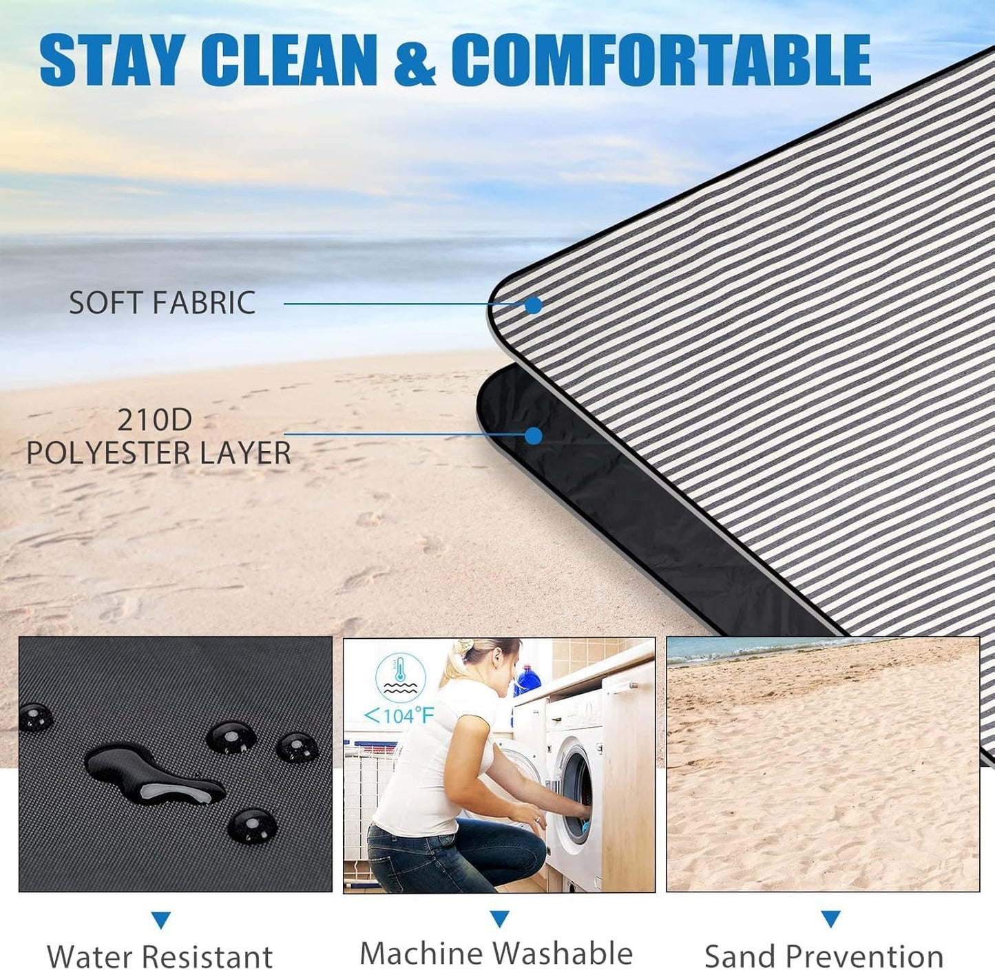 TARODEA Waterproof Picnic Blanket Portable with Carry Strap for Beach Mat or Family Outdoor Camping Party (Nave Blue, 200 X 200 cm)