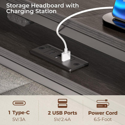 Seventable Bed Frame Twin Size with Charging Station, LED Bed with Upholstered Storage Headboard, Metal Single Platform with Under Bed Storage, No Box Spring Needed, Easy Assembly, Grey