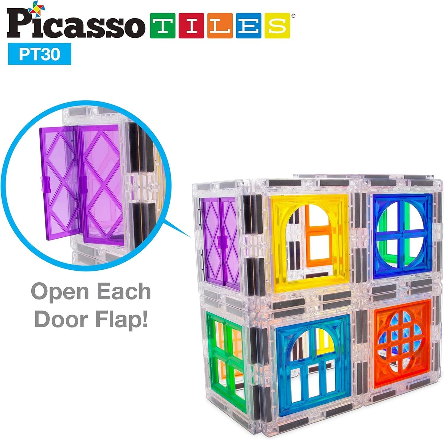 PicassoTiles 30 Piece Window and Door Clip On Magnetic Blocks Magnet Tiles Magnets Building Tile Construction Toy Set STEM Education Toys Learning Kit Stacking Block Playset Boys & Girls Age 3+ PT30