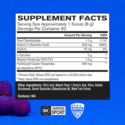 Bare Performance Nutrition, Endo Pump Muscle Pump Enhancer, L-Citrulline, NO3-T Betaine Nitrate & VasoDrive-AP Hydrolyzed Casein Tripeptides (30 Servings, Blue Raspberry)