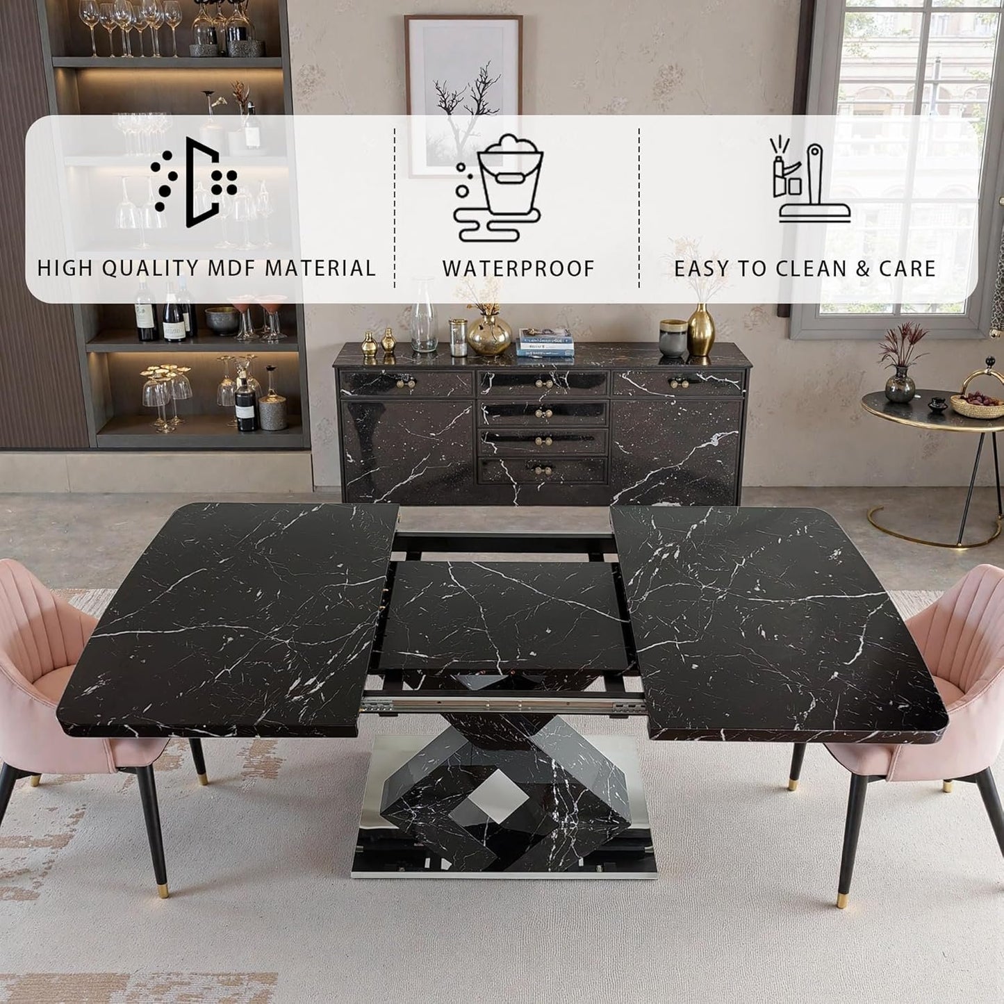 Modern Style Square Stretch Dining Table, Kitchen Table with Marble Table Top, MDF X-Shape Legs and Metal Base (Black)