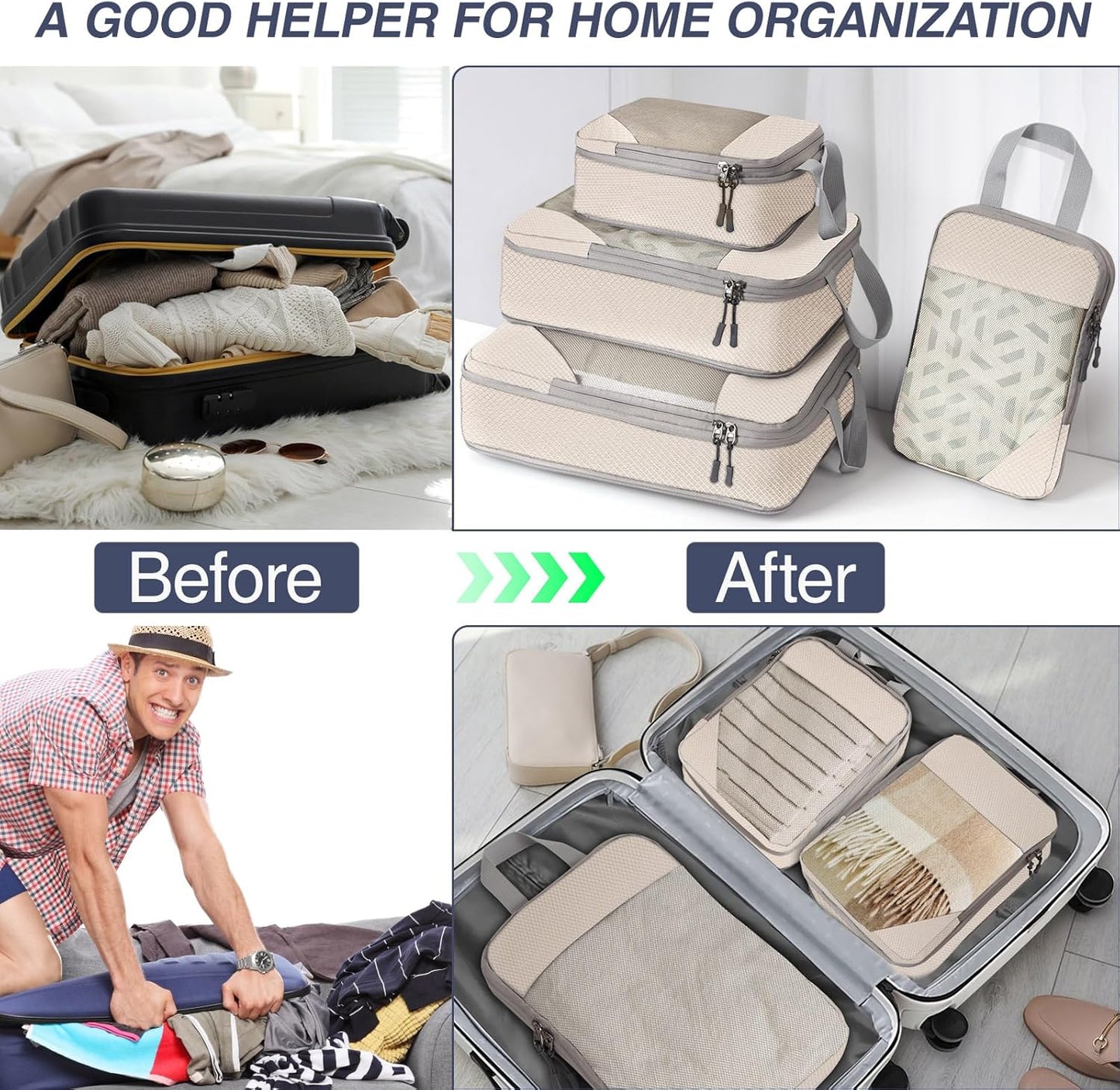 WUFANC 4 Pieces Space-Saving Suitcase Organizer, Packing Cubes Compression Waterproof and Easy to Store, Breathable with Durable Visible Mesh and Space-Saving Travel Organizer (Beige)