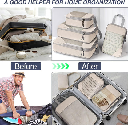 WUFANC 4 Pieces Space-Saving Suitcase Organizer, Packing Cubes Compression Waterproof and Easy to Store, Breathable with Durable Visible Mesh and Space-Saving Travel Organizer (Beige)