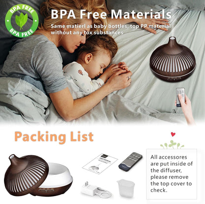Essential Oil Diffuser, Sunfuny 550ml Aromatherapy Diffuser Air Humidifier with Remote Control, Aroma Oil Vaporiser, Ultrasonic Fragrance Defuser with RGB LED Light, Gift (Hollow Dark Wood Grain)