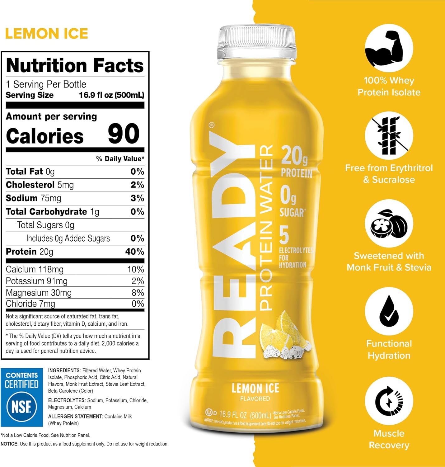 Ready® Protein Water – 20g Whey Protein Isolate, Zero Sugar, Low-Calorie Sports Drink for Hydration & Recovery – Electrolytes, Essential Amino Acids – Lemon Ice, 16.9 fl oz Bottles (12-Pack)
