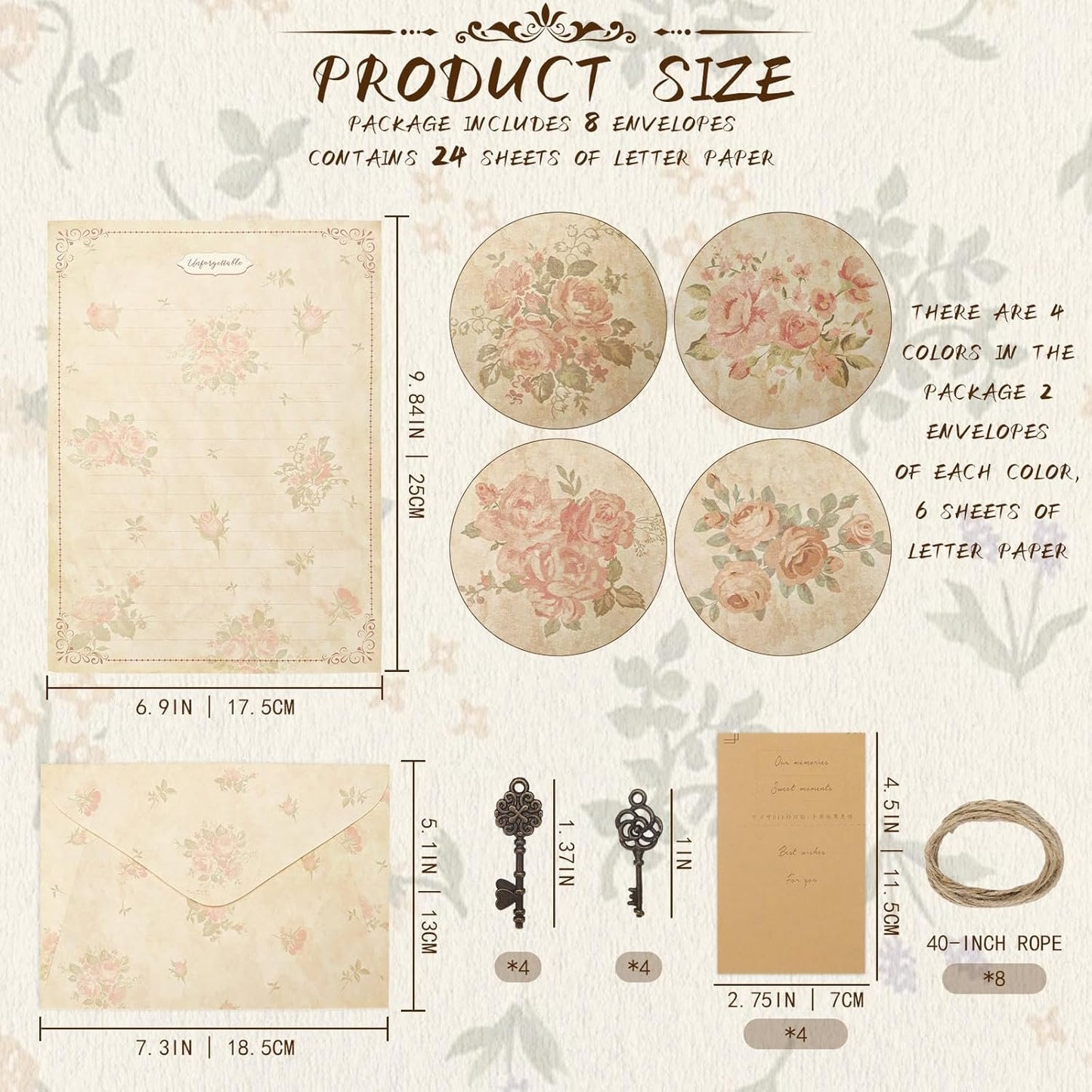 LELE LIFE Vintage Floral Stationary Paper and Envelopes Set, 4 Styles Aged Antique Lined Stationery Sets for Letter Writing Kit, 150GSM Thick Double Sided Old Paper,Style A