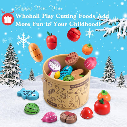 WHOHOLL Wooden Play Food for Kids Kitchen Playset, Play Kitchen Accessories Pretend Cutting Food Montessori Toys for 2+ Year Old with Basket, Toy Food Fruits Vegetables Gift for Fine Motor Skills