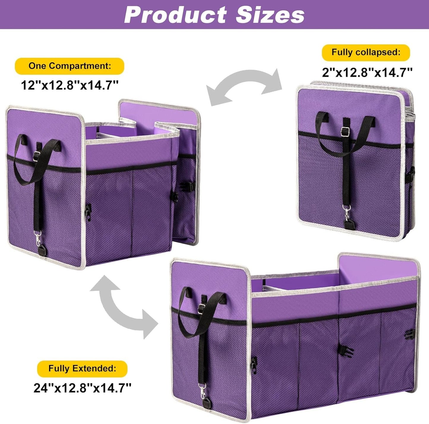 GPUSFAK Collapsible Trunk Organizer, 75L Large Capacity Portable Car Storage for SUV, Purple, 2 Compartments