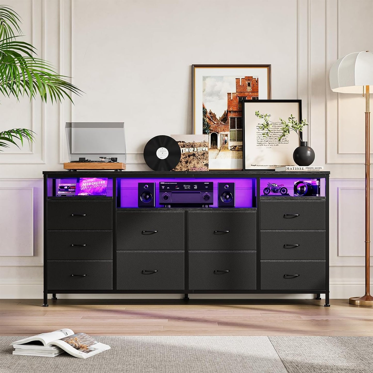 TV Stand with 10 Fabric Drawers for 65 70 75 Inches TV, 63" W Entertainment Center TV Console Table with LED Lights & Power Outlets & Open Storage Shelves