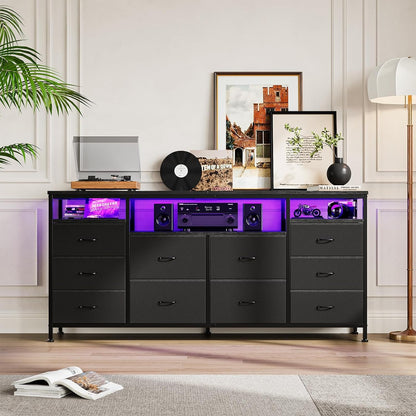TV Stand with 10 Fabric Drawers for 65 70 75 Inches TV, 63" W Entertainment Center TV Console Table with LED Lights & Power Outlets & Open Storage Shelves