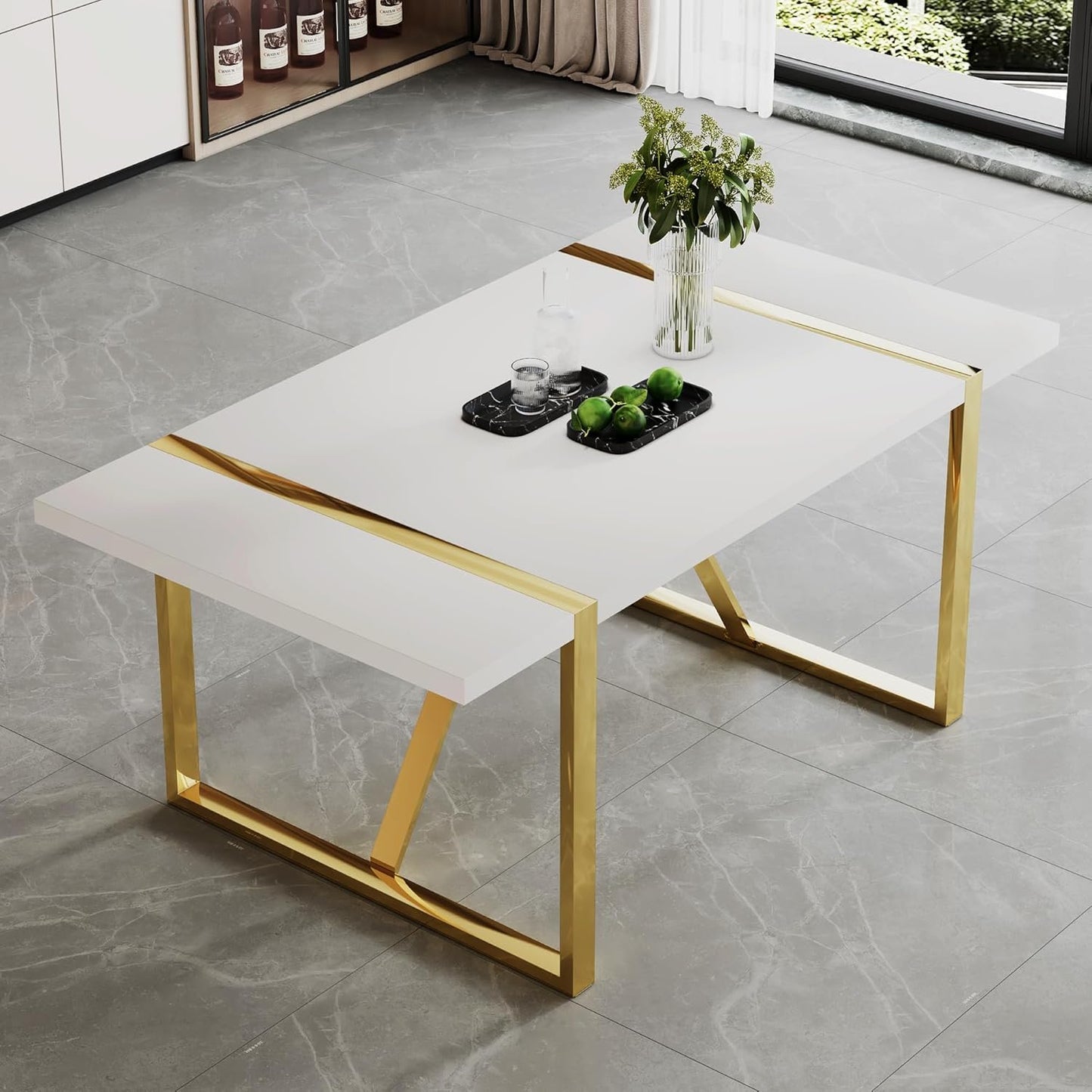 CTPNMCIN Modern Dining Table, 55'' Dining Room Table for 4-6 People, White Wood Tabletop with Gold Metal Legs, Suitable for Small Space