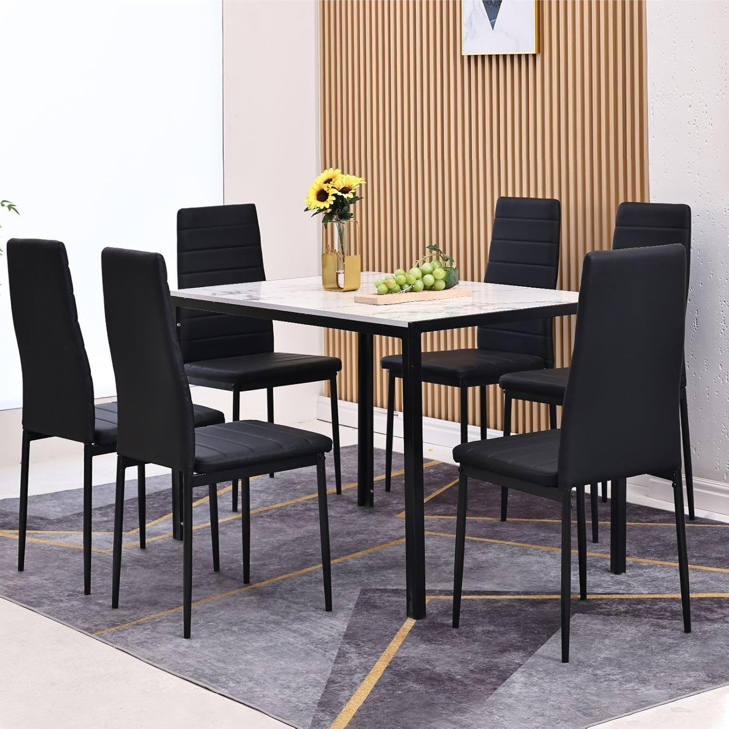 Luxsuite 7pcs Dining Table Set Marble Tabletop Rectangular 120cm High Gloss Marble Effect Top Dinner Tables 6 Seater with Tapered Metal Legs Dining Room Home Lounge Kitchen Black & White