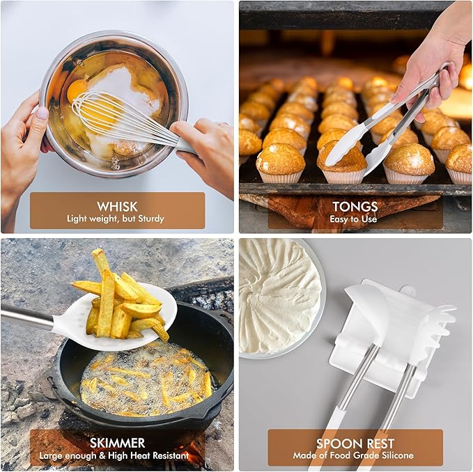 HOTEC Heat Resistant Silicone Kitchen Utensils, Cooking Utensil Set, Spatula Set, BPA Free, Kitchen Gadgets, Utensils Holder, Dishwasher Safe, 14pcs White