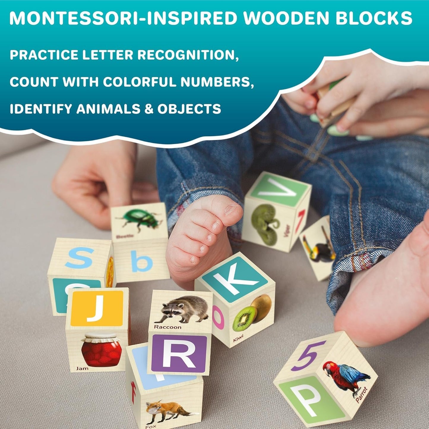 Quokka Montessori Wooden Blocks for Toddlers 1-3 - 35 Realistic ABC Learning Baby Blocks for Kids 3-5 Year Olds - Stacking Alphabet Wood Toys 2-4 yo - Learn Letters Numbers