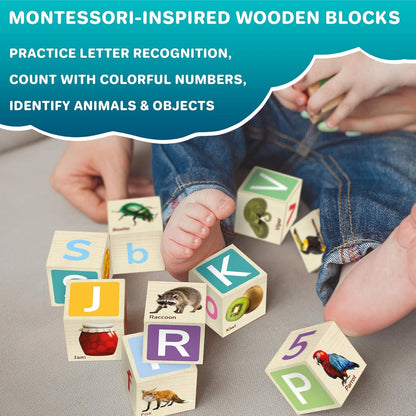 Quokka Montessori Wooden Blocks for Toddlers 1-3 - 35 Realistic ABC Learning Baby Blocks for Kids 3-5 Year Olds - Stacking Alphabet Wood Toys 2-4 yo - Learn Letters Numbers