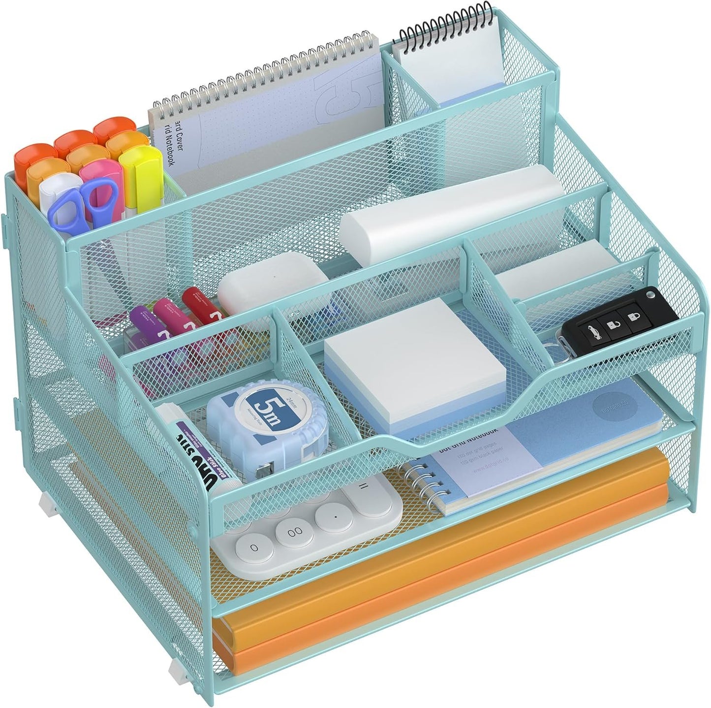 Docnest Multi-Functional Desk Organizer Tray, 3 Tier Paper Letter Tray Organizer with 3 Pen Holder, Mesh Desktop Organizer and Storage with 5 Adjustable Compartments for Office Supplies-Blue