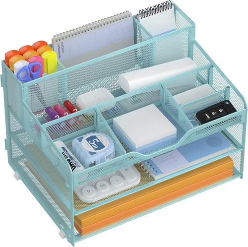 Docnest Multi-Functional Desk Organizer Tray, 3 Tier Paper Letter Tray Organizer with 3 Pen Holder, Mesh Desktop Organizer and Storage with 5 Adjustable Compartments for Office Supplies-Blue