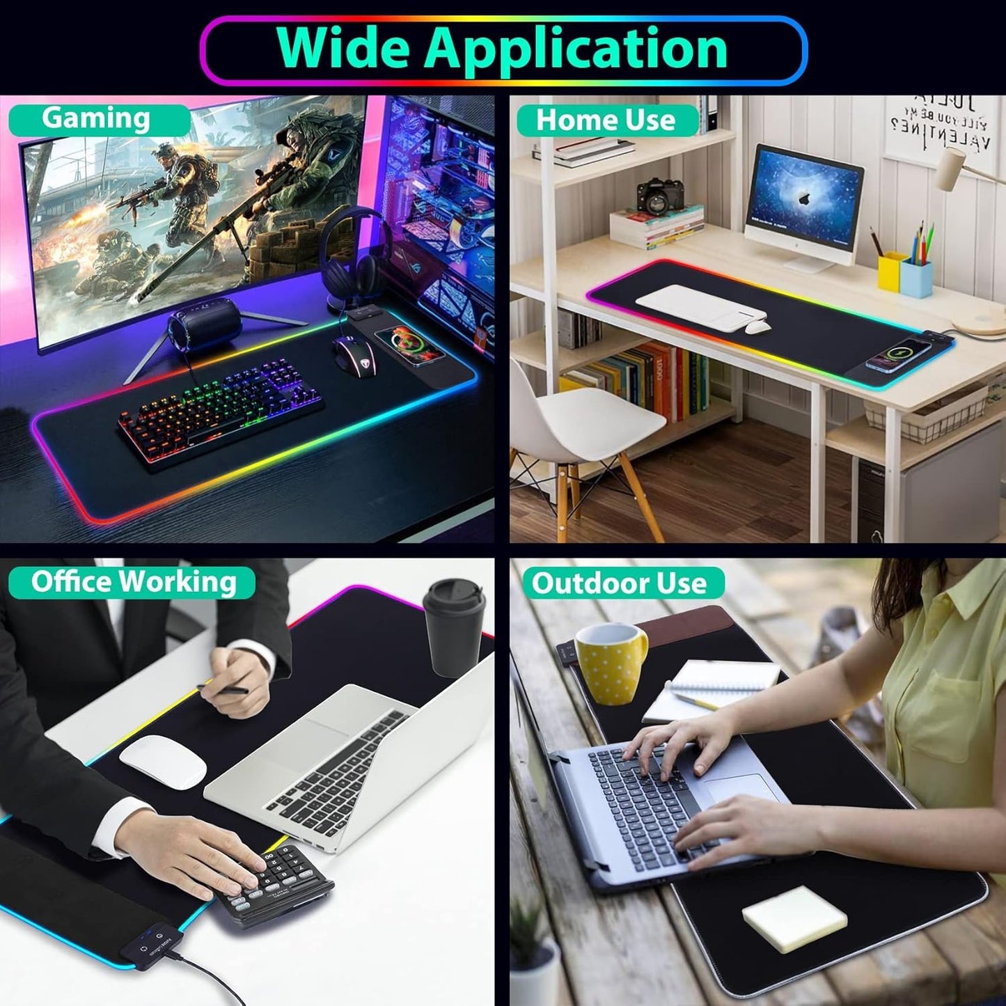 Wireless Future Charger Gaming Mouse Pad, 10W Wireless Charging, RGB with 9 LED Light Modes, 31.5"x11.8" Large Desk Mat, Non-Slip Rubber Base, Waterproof, Black