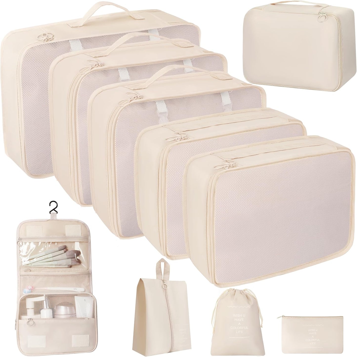 10 Pcs Set Packing Cubes - Travel Packing Organizers, Expandable Suitcase Organizer, Luggage Organizer Bags, BEIGE, Large