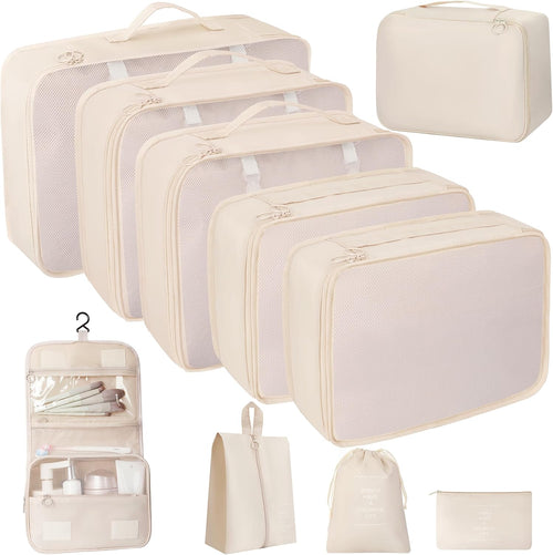 10 Pcs Set Packing Cubes - Travel Packing Organizers, Expandable Suitcase Organizer, Luggage Organizer Bags, BEIGE, Large