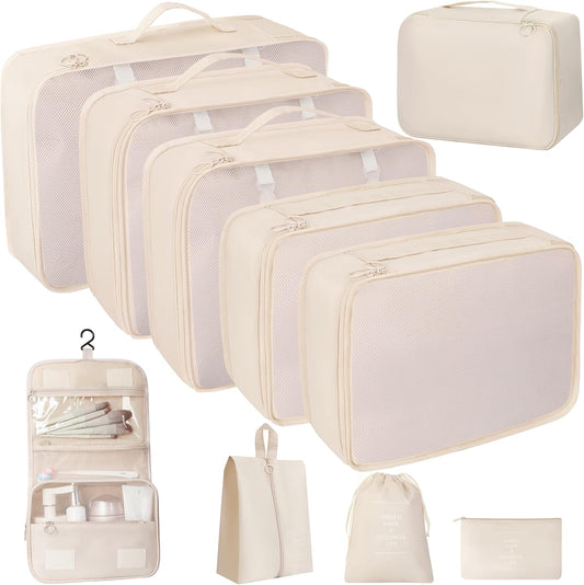 10 Pcs Set Packing Cubes - Travel Packing Organizers, Expandable Suitcase Organizer, Luggage Organizer Bags, BEIGE, Large