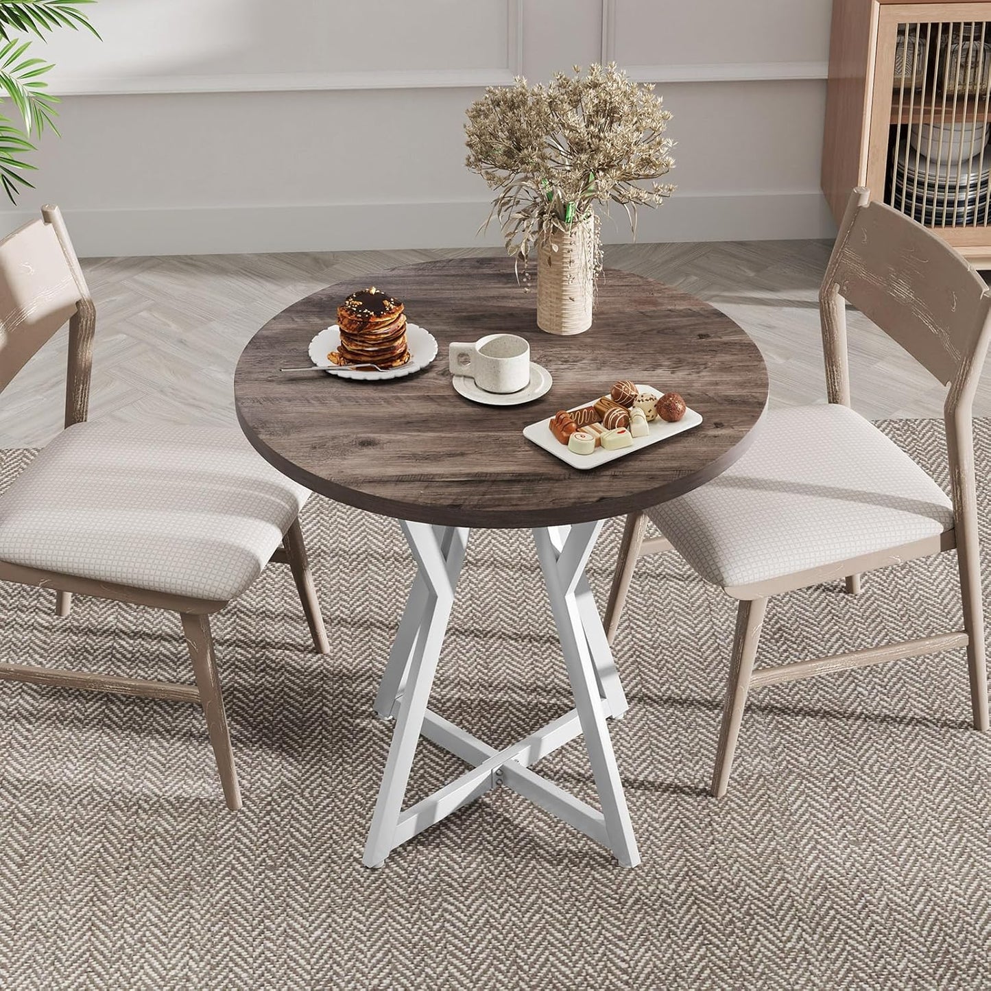 Giantex 80cm Round Dining Table, Wooden Kitchen Table w/Metal Pedestal Base, Adjustable Foot Pads, Stable X-Shaped Base, Mid-Century Round Thickened Dining Tabletop