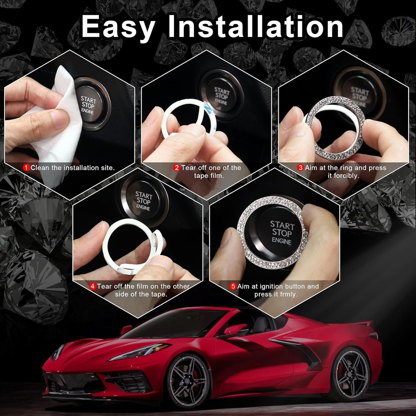 LivTee 2 PCS Crystal Double Rhinestone Car Engine Start Stop Decoration Ring, Bling Car Interior Accessories for Women, Push to Start Button Cover Sticker, Automotive Decals, White