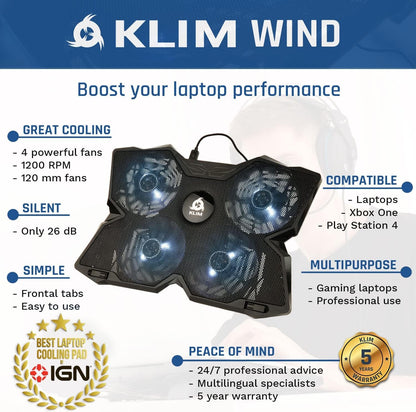 KLIM Wind Laptop Cooling Pad - More Than 500 000 Units Sold - New Version - The Most Powerful Rapid Action Cooling Fan - Laptop Stand with 4 Cooling Fans at 1200 RPM - USB Fan - PS5 PS4 - White