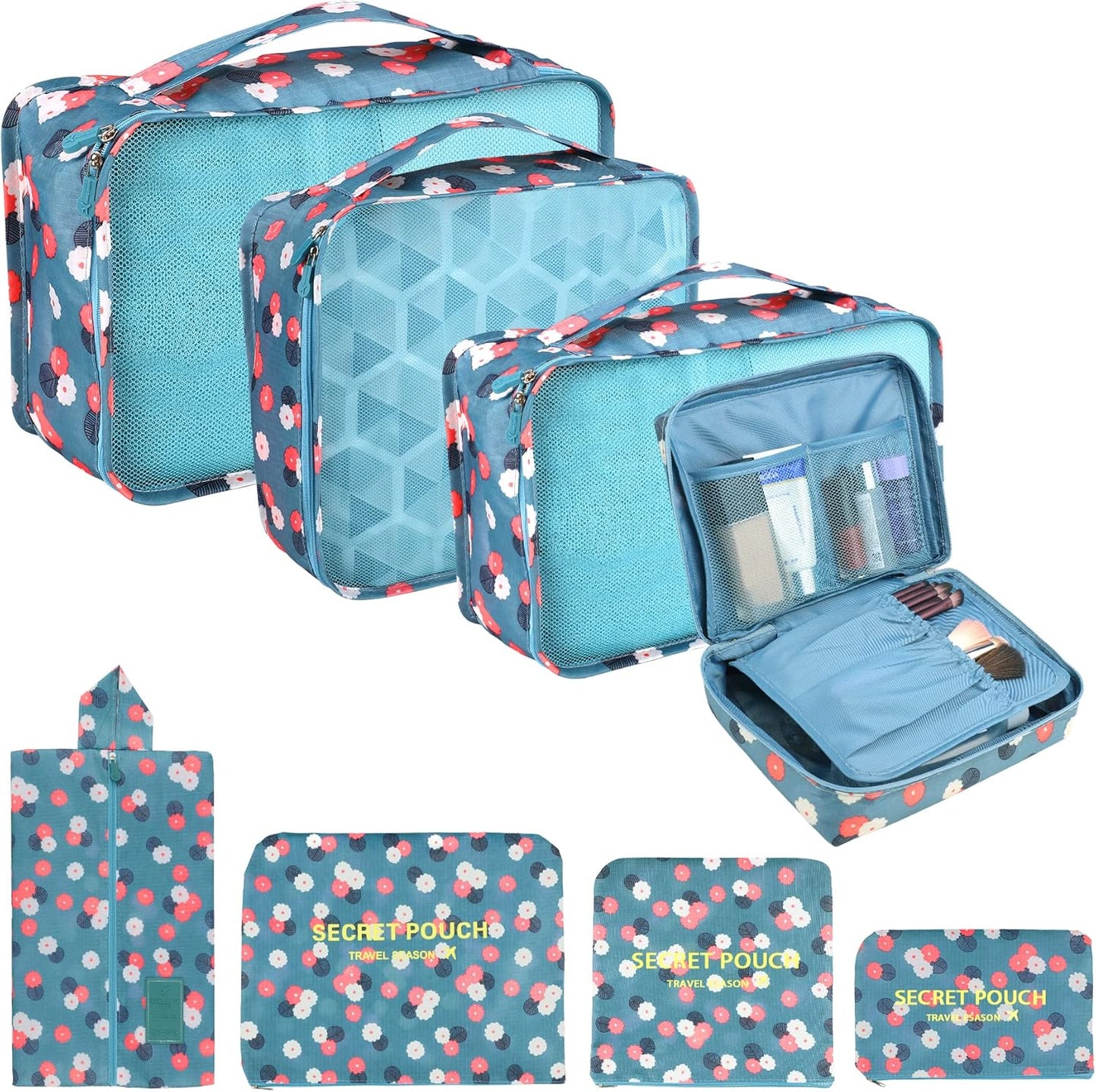 Coolzon Travel Suitcase Organizer Set of 8 Pieces, Perfect Storage Cubes Travel Luggage Organizer for Clothes, Cosmetics, Shoes, Underwear, Blue Flowers