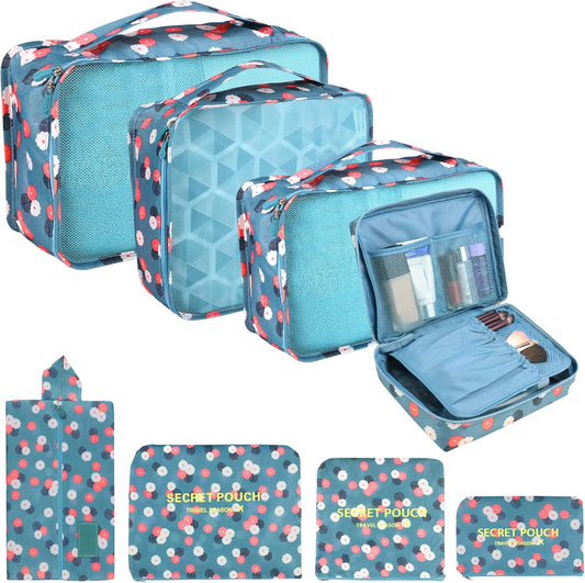 Coolzon Travel Suitcase Organizer Set of 8 Pieces, Perfect Storage Cubes Travel Luggage Organizer for Clothes, Cosmetics, Shoes, Underwear, Blue Flowers