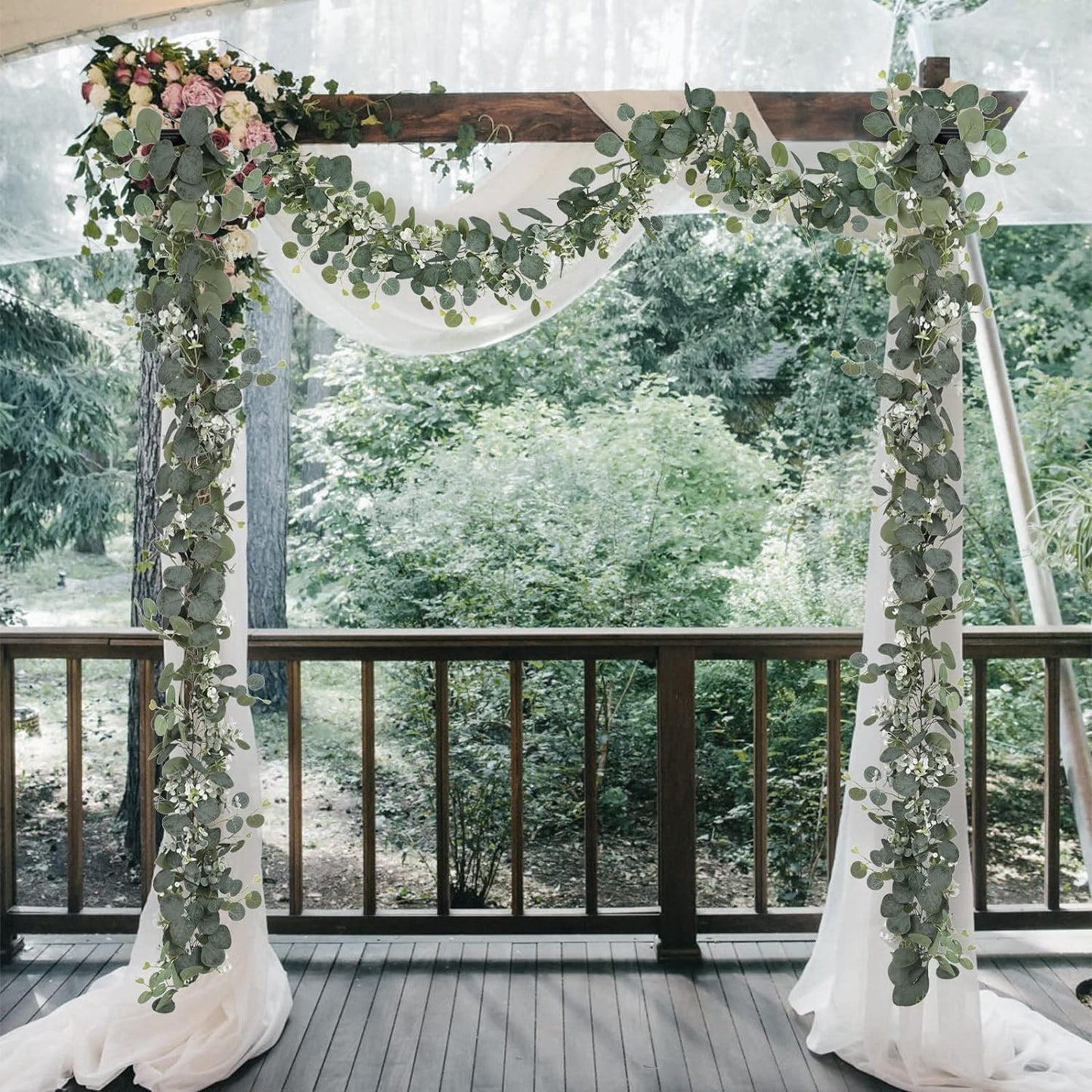 Eucalyptus Garland With White Flowers, 4 Packs 180cm Silver Dollar Eucalyptus Boxwood Gypsophila Vines for Wedding Party Mantle Table Runner Home Decor