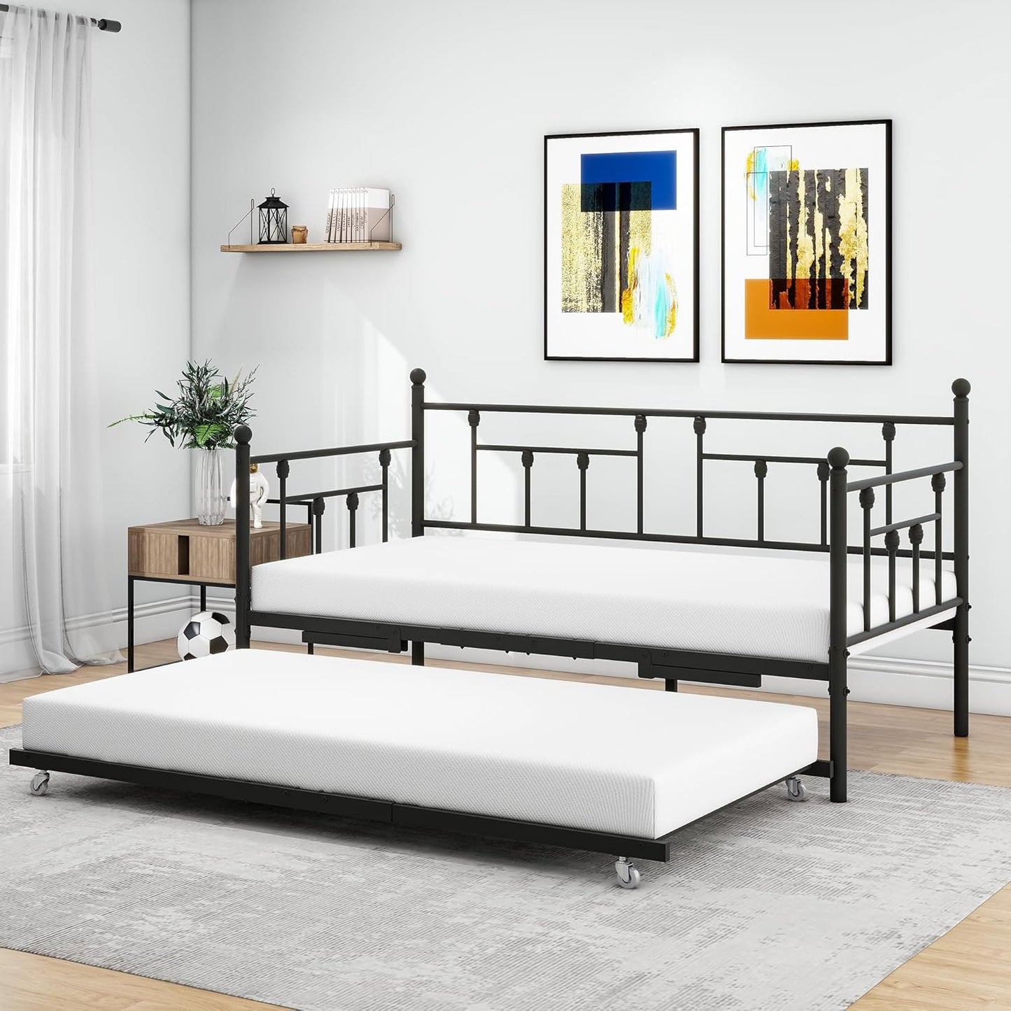 VERFARM Twin Size Metal Daybed Frame with Trundle, Premium Steel Slat Support, Multifunctional Mattress Foundation, Heavy-Duty Twin Day Bed Sofa with Headboard for Living Room Guest Room Bedroom