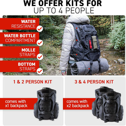 72HRS Deluxe Emergency Preparedness Kits - 3 Day Survival Backpack or Bug Out Bags for Earthquake, Hurricane, Tornado, Flood, Tsunami, Wildfire, Bad Weather and Other Disasters (1 Person, Black)