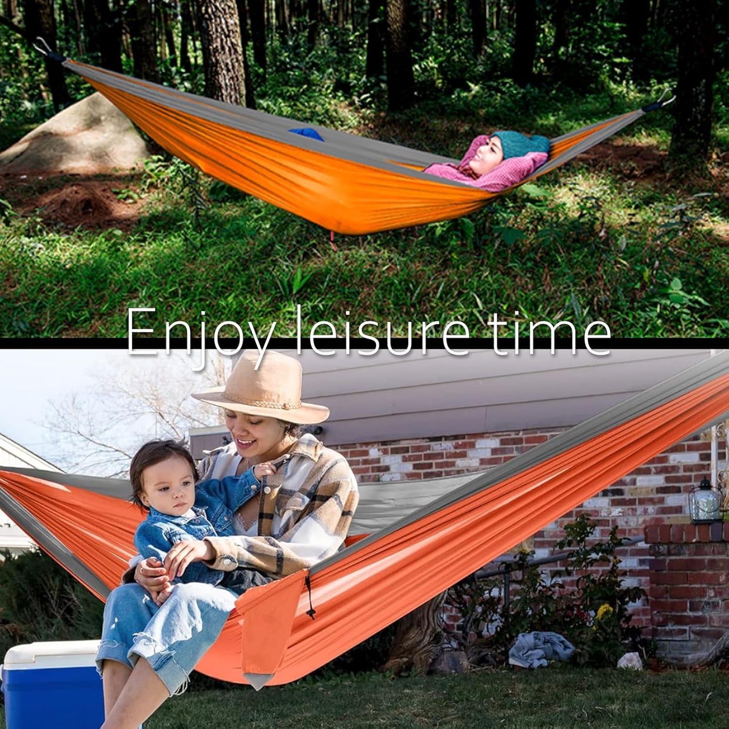 SOOPRNO Camping Hammock. Portable Double and Single Hammock with 2 Tree Straps and Attached Carry Bag. Camping Gear for Outdoor Hiking Camping Beach Backpacking Travel. (Orange & Light Gray)