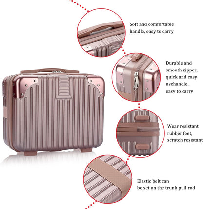 BSTKEY Portable Hard Shell Cosmetic Travel Case, Small Travel Hand Luggage with Elastic Band, Mini ABS Carrying Makeup Case Suitcase, Rose Gold