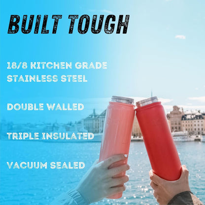 SIC (Seriously Ice Cold) Red 27 Oz. Travel Sport Bottle Double Wall Stainless Steel Vacuum Insulated No Sweat Bottle with Carabiner Lid - BPA Free Drinkware. Stainless & Powder Coated Colors