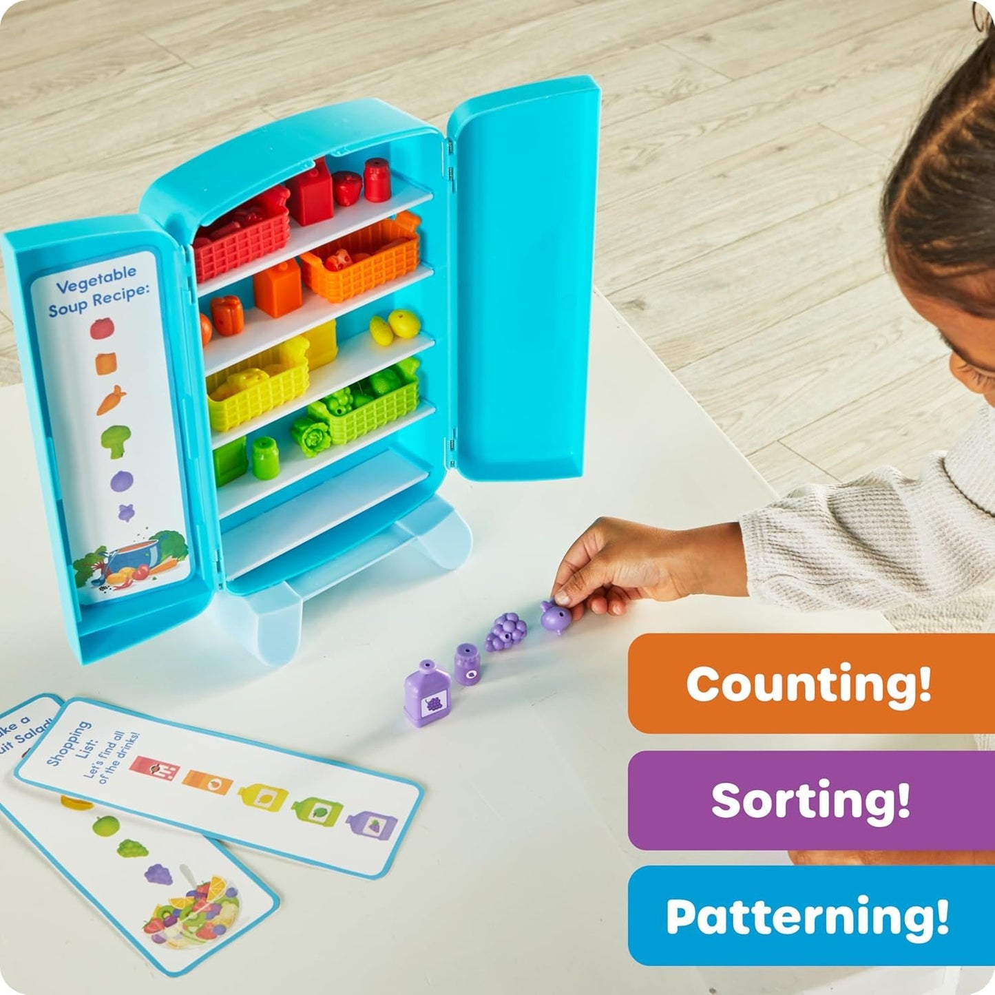Learning Resources Sorting Snacks Mini Fridge,51 Pieces, Ages 3+, Toddler Toys, Educational Toys, Snack Toys,Plastic Food Toys,Kids Kitchen Accessories