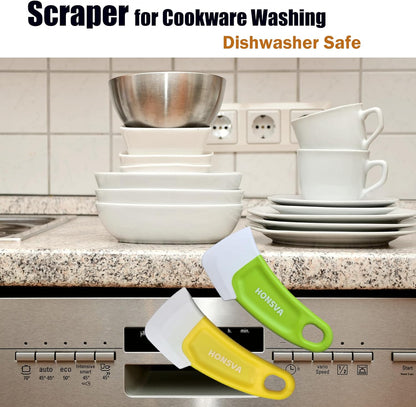 Honsva Silicone Dish Scraper to Kitchen Cleaning for Pans, Pots, Bowls, Non-Stick Scraping Spatulas Tool,3 Pcs (Yellow, Green and Red)