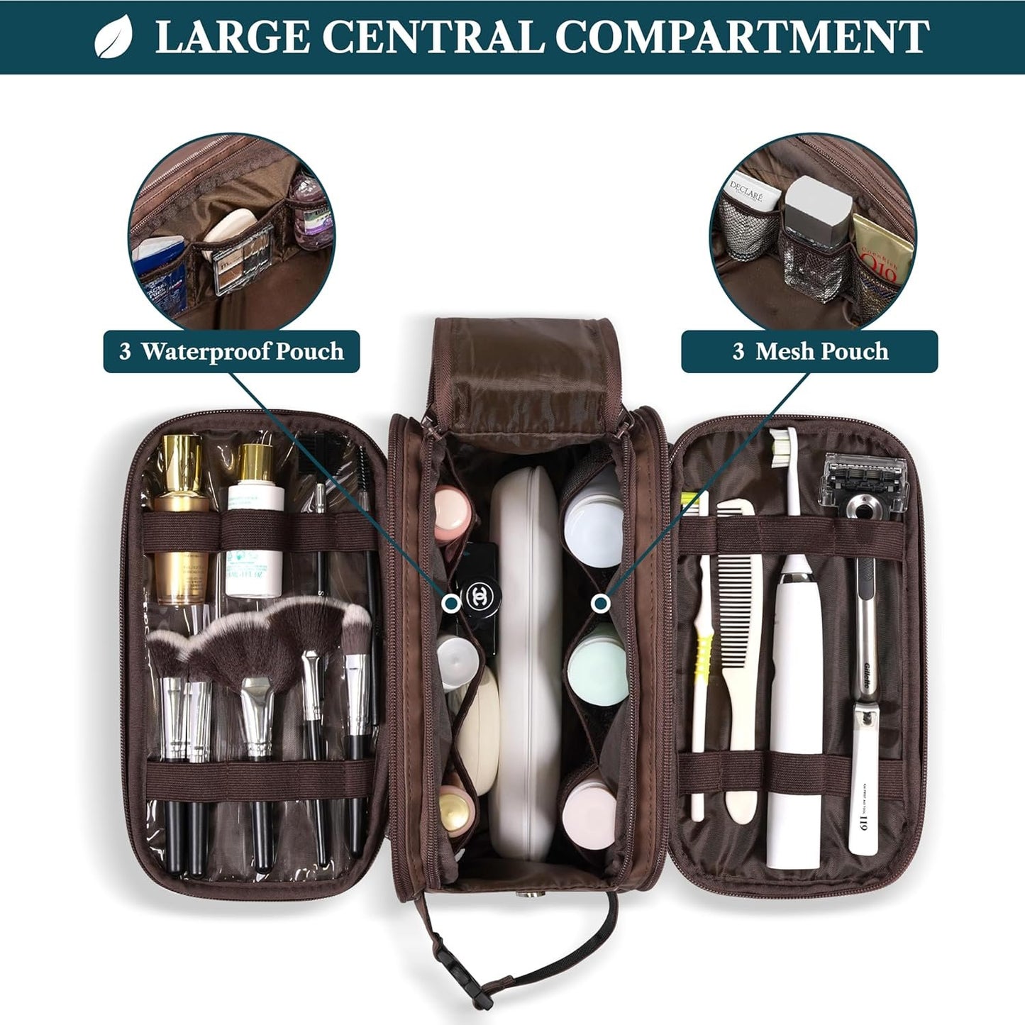 PAVILIA Toiletry Bag for Men Women, Mens Travel Bag Toiletries Organizer Case for Grooming, Travel Essentials Shaving Dopp Kit, PU Leather Water Resistant Cosmetic Pouch, Black, Dark Brown, Extra