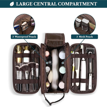 PAVILIA Toiletry Bag for Men Women, Mens Travel Bag Toiletries Organizer Case for Grooming, Travel Essentials Shaving Dopp Kit, PU Leather Water Resistant Cosmetic Pouch, Black, Dark Brown, Extra