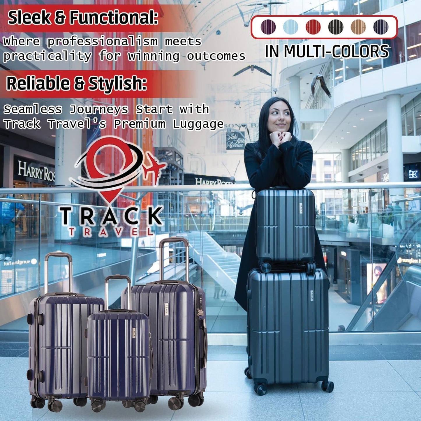 TRACK TRAVEL 3 Piece Luggage Set ABS+PC Expandable Hardshell TSA Lock Aluminum Trolley Spinner Wheels (Blue, 3 Piece Set)
