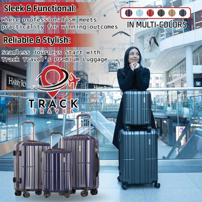 TRACK TRAVEL 3 Piece Luggage Set ABS+PC Expandable Hardshell TSA Lock Aluminum Trolley Spinner Wheels (Blue, 3 Piece Set)