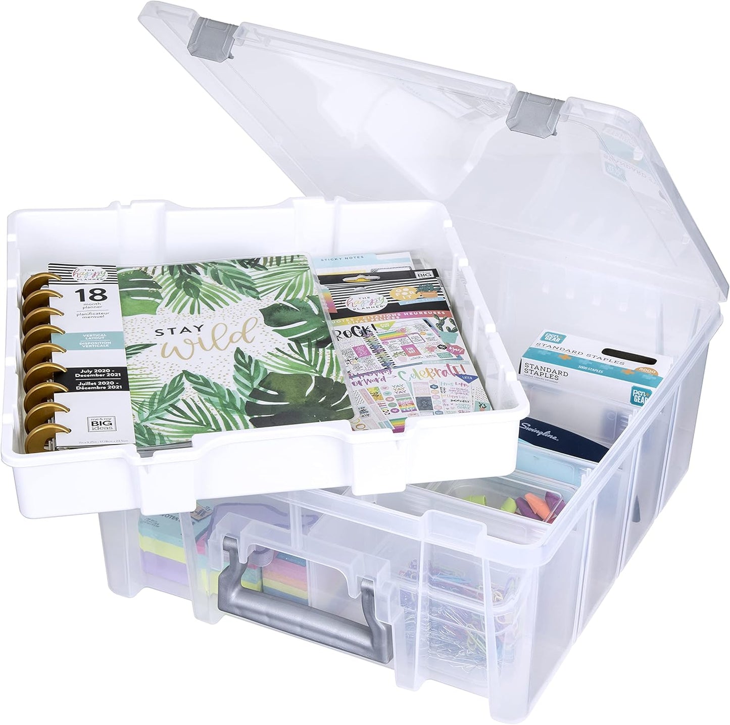 AB Designs 6899ABD Super Satchel Double Deep with Lift-Out Tray and Removable Dividers, Stackable Home Storage Organization Container, Clear with Sliver Latches and Handle