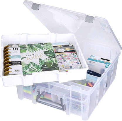 AB Designs 6899ABD Super Satchel Double Deep with Lift-Out Tray and Removable Dividers, Stackable Home Storage Organization Container, Clear with Sliver Latches and Handle