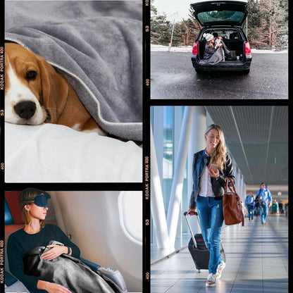 Travel Blanket Airplane Compact with Bag - Packable 2 in 1 Pillow and Blankets Set - Flight Organizer & Travel Essentials with Luggage Sleeve Pockets & Backpack Clip - for Plane, Car, Camping & Home!