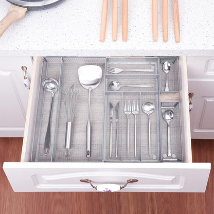 Metal Cutlery Tray Drawer Organizer Large, Expandable 7+2 Separate Compartments Mesh Utensil Organizer, Adjustable Kitchen Tableware Flatware Tray with Non-Slip Foam Feet