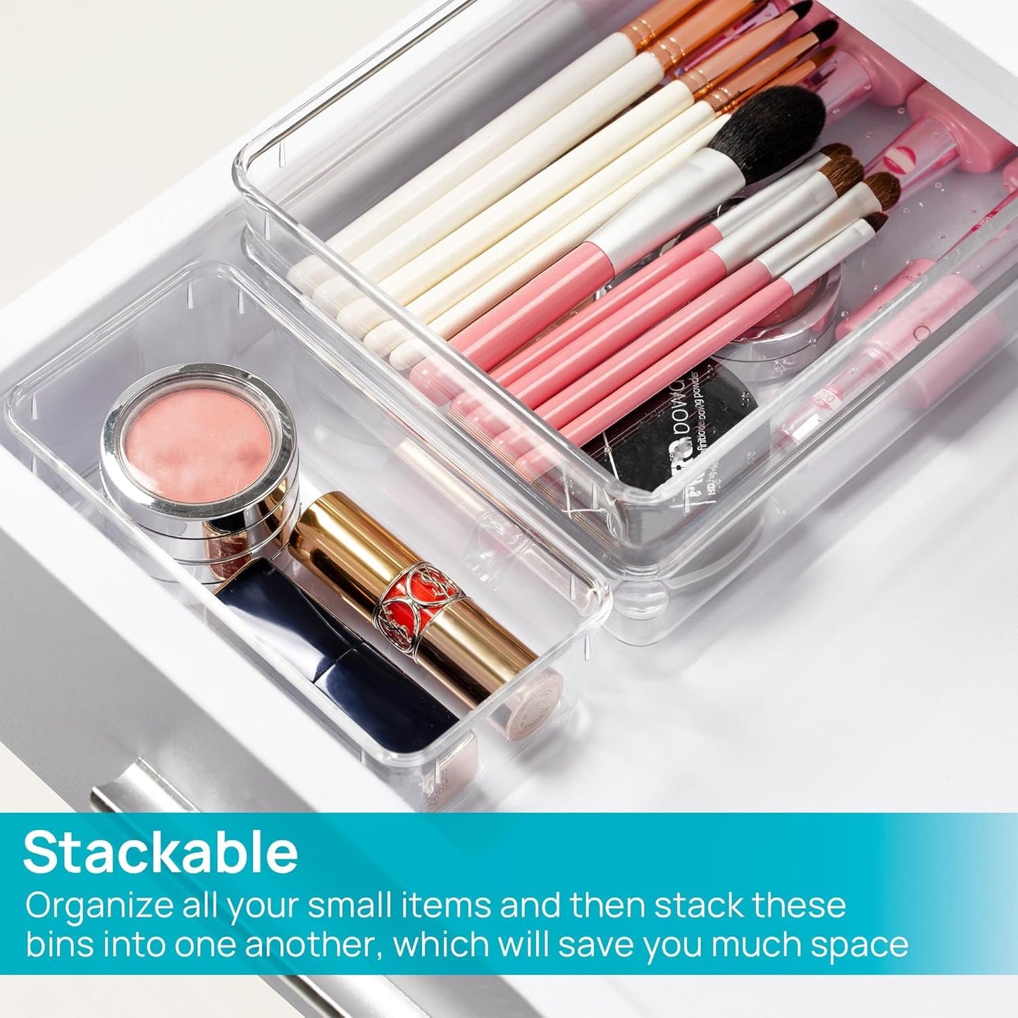 Vtopmart 25 PCS Plastic Clear Drawer Organizer, Acrylic Desk Drawer organizers, Organization and Storage for Makeup, Bathroom, Office, kitchen, Bedroom