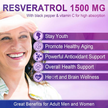 Resveratrol Gummies 1500mg - Made in USA - Sugar Free Resveratrol Supplement with Quercetin, Grape Seed, Acai Berries Extracts Support Antioxidant, Healthy Aging & longevity, Skin, Brain Wellness - 1P